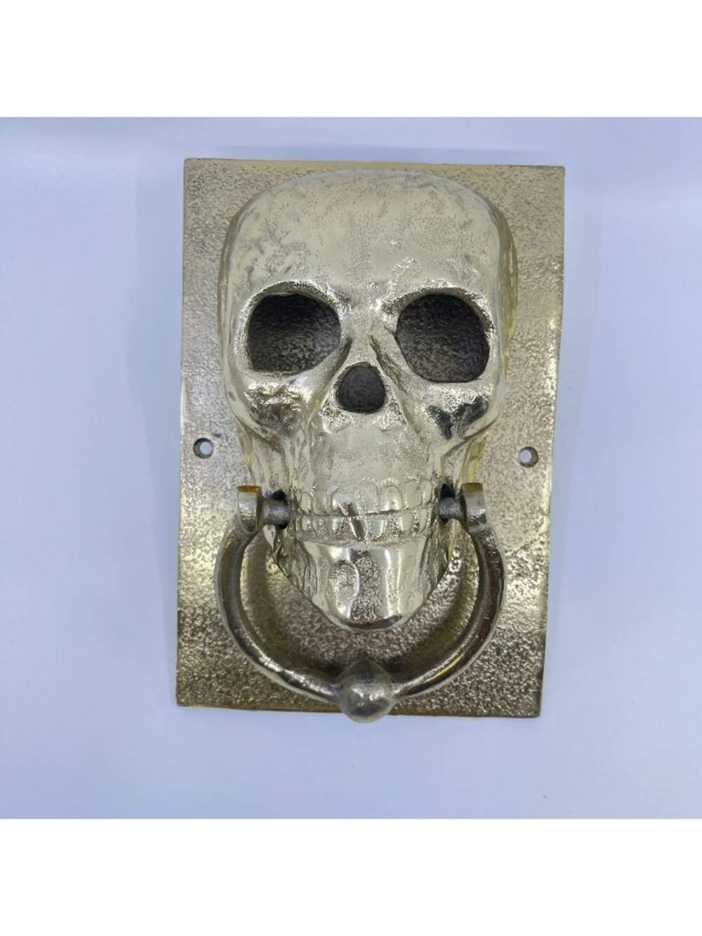 heavy brass gothic skull door knocker on textured rectangular backplate